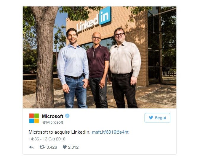 Microsoft ha comprato LinkedIn: la traslazione vale 26,2 miliardi di dollari
